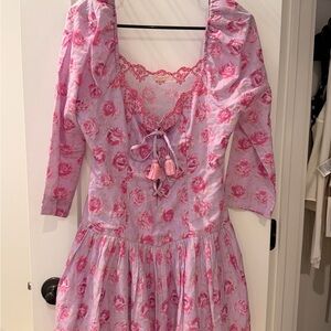 LoveShackFancy Pink Rose-Print Lace-Trim dress